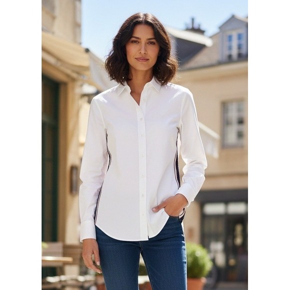 J. Crew Tops - J Crew Sequin‎ Side Stripe Button-Down Shirt Women's Size 00 White Office Work